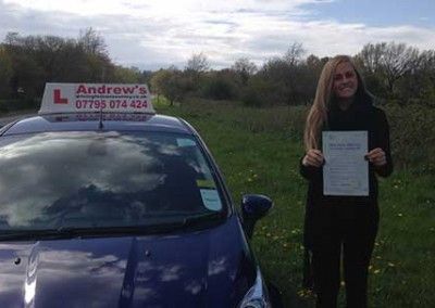 Alyshea in Llanfairfechan after passing driving test in Bangor