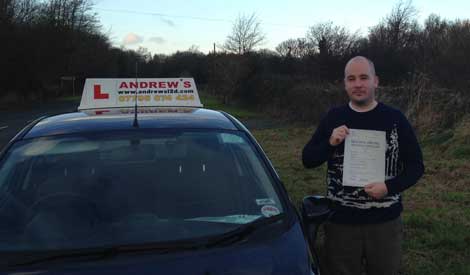 Gareth passed his test on a cold day at Bangor